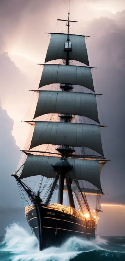 Majestic ship braving stormy seas with dark clouds and lightning.