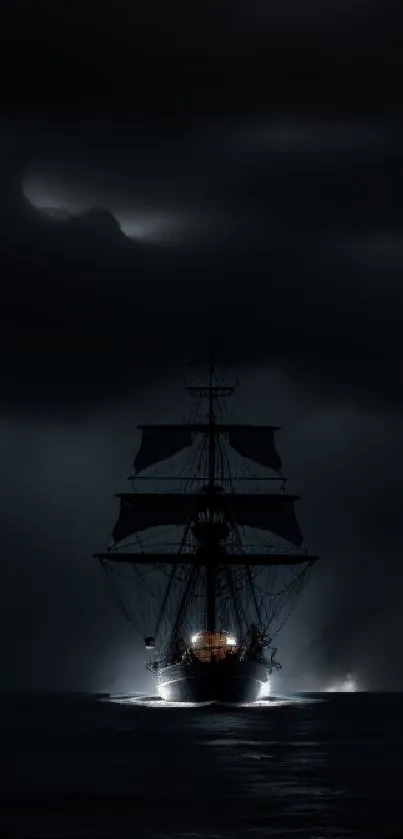 Majestic ship sailing under stormy night skies in dark ocean waters.