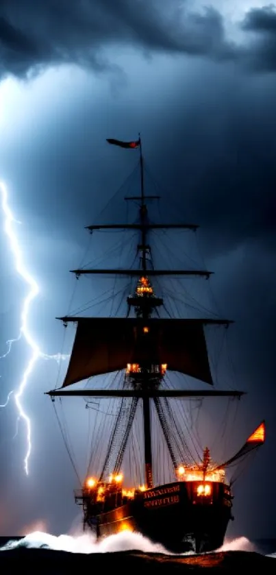 Tall ship sails through storm with lightning in dramatic night scene.