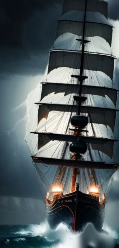 Majestic sailing ship in a stormy ocean with dramatic clouds.