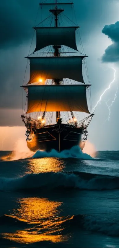 Sailing ship in stormy sea with lightning in the background.