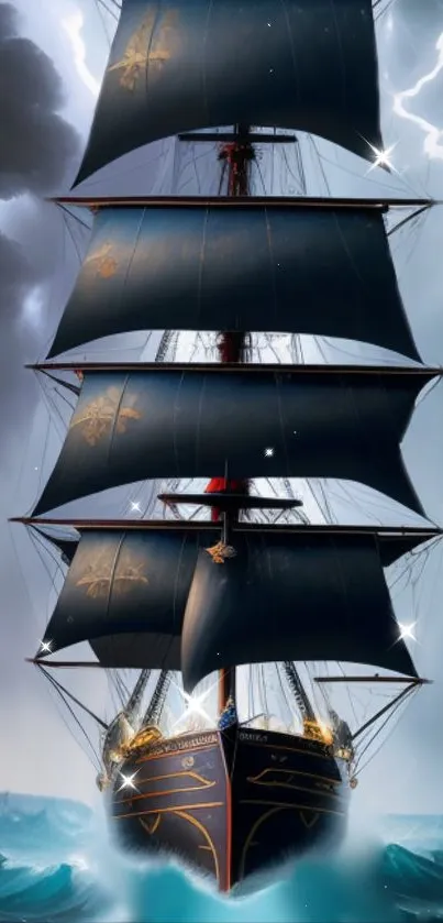 Majestic ship with dark sails in a stormy sea, surrounded by lightning.