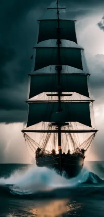 Majestic ship braves stormy sea under dark swirling clouds.