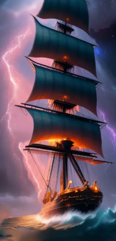 Majestic ship braving a stormy sea with lightning and vibrant colors.