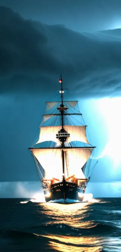 Sailing ship in a stormy sea with dramatic lightning in the background.