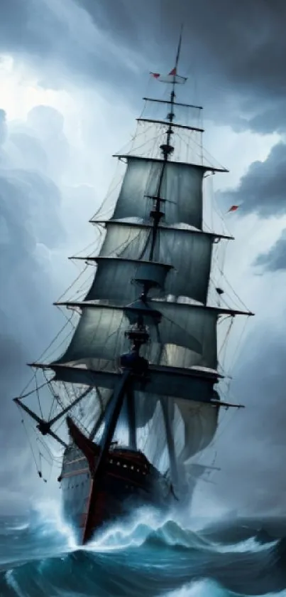 Majestic ship braving a stormy sea under dark clouds.