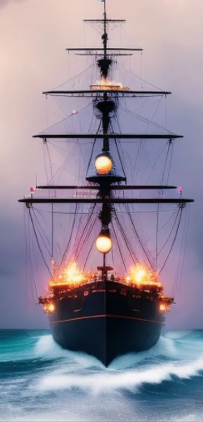 Majestic ship in stormy sea with dramatic clouds.