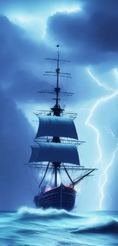 Majestic ship sailing through stormy seas lit by dramatic lightning.