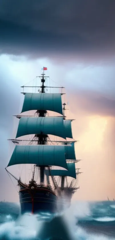 Ship sailing through stormy seas with dramatic skies.