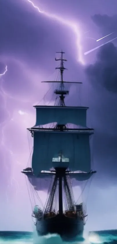 A majestic ship sails through a purple storm.