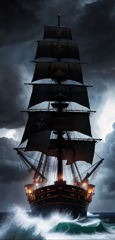 A majestic ship sails through stormy seas under dark, dramatic clouds.