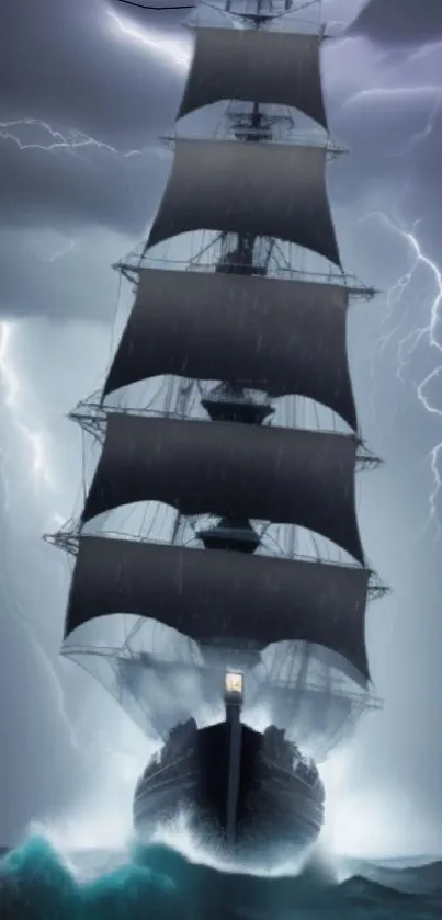 Majestic ship sails through lightning in a stormy sea wallpaper.