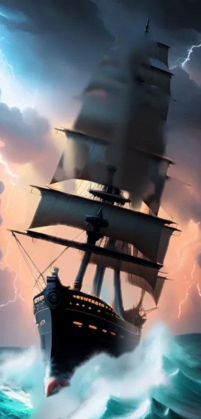 Majestic ship sailing through stormy sea with lightning in the sky.