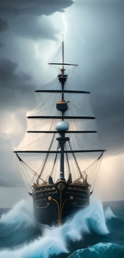 Majestic ship navigates stormy seas with dramatic sky and towering waves.