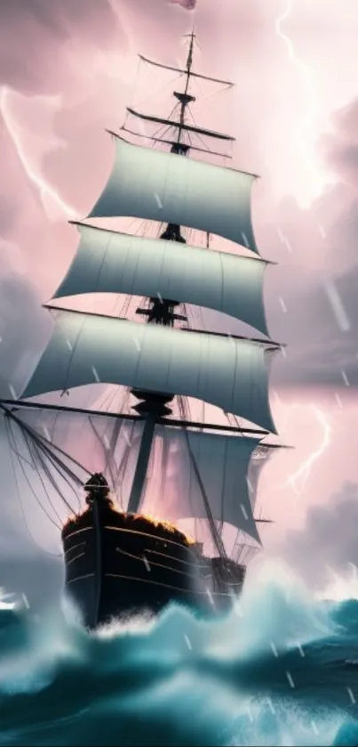 Majestic ship sailing through a lightning storm on turbulent seas.