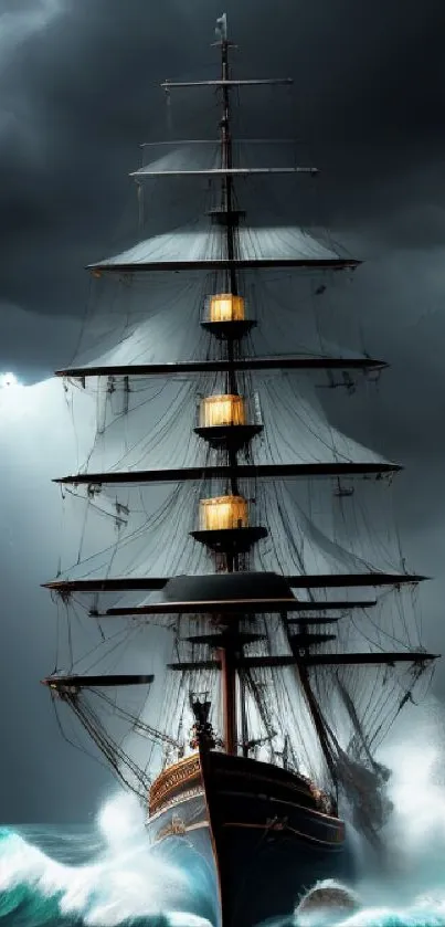 Majestic ship sailing through stormy seas with dramatic lighting.