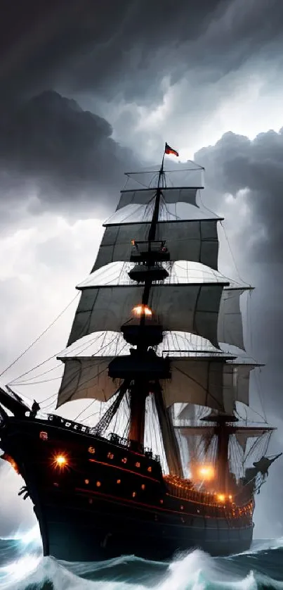 Majestic ship battles stormy sea with dramatic clouds.