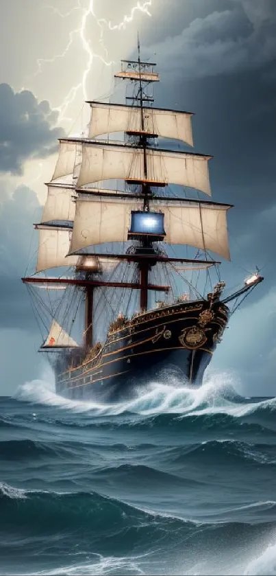 A majestic ship sails in a stormy ocean with dramatic lightning and clouds.