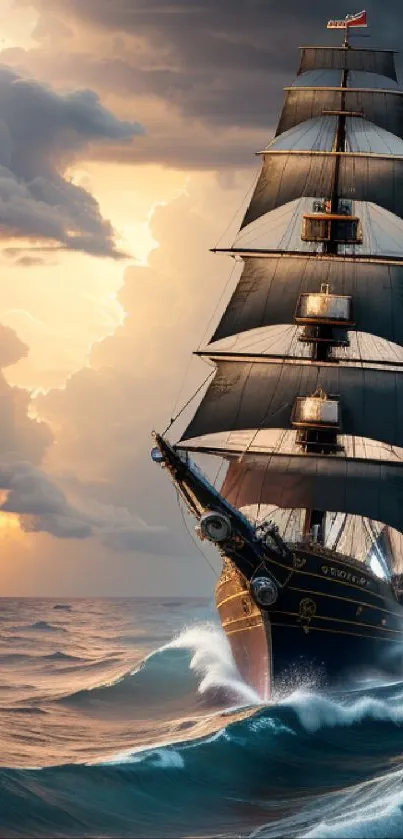 Majestic ship sailing through stormy seas with dramatic sky.