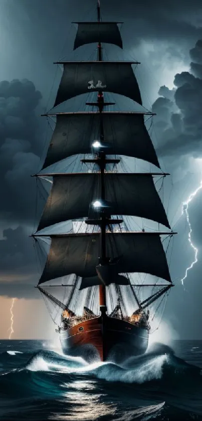 Majestic ship sailing amid stormy sea with lightning strikes.