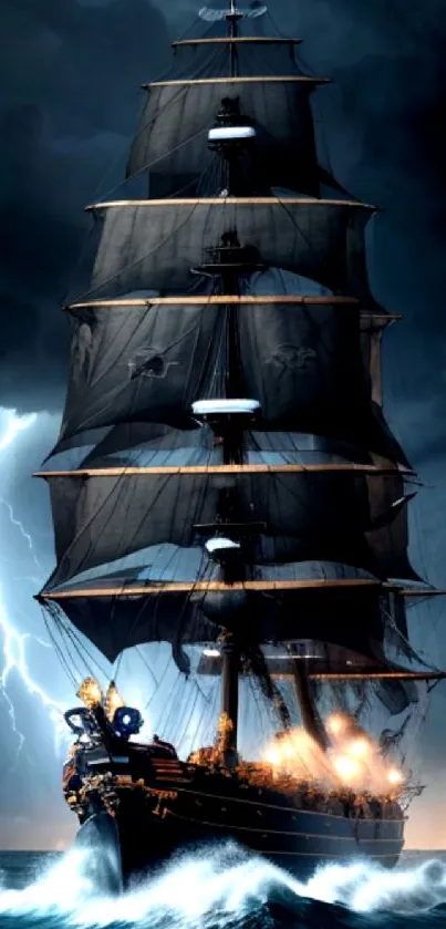 Majestic ship sails through a stormy ocean under a dark, lightning-lit sky.