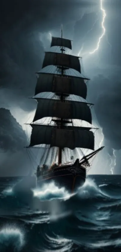 Sailing ship in a stormy sea under lightning-lit sky.