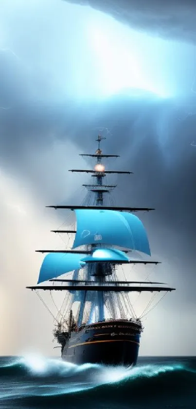 Ship with blue sails in a stormy ocean with lightning overhead.