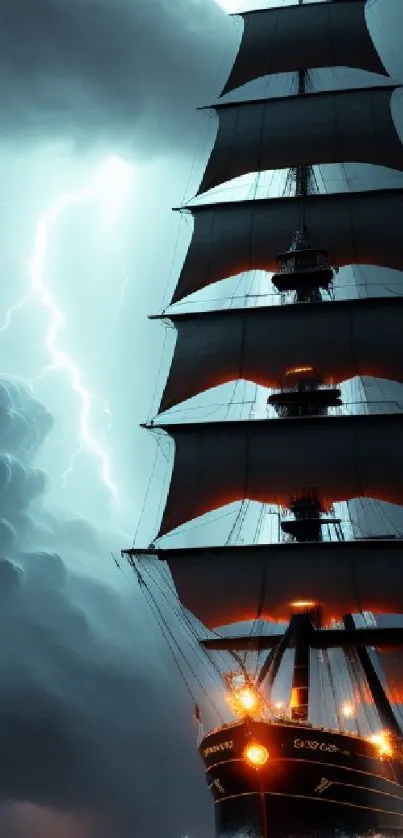 Majestic ship sailing through stormy seas with dark skies and lightning.