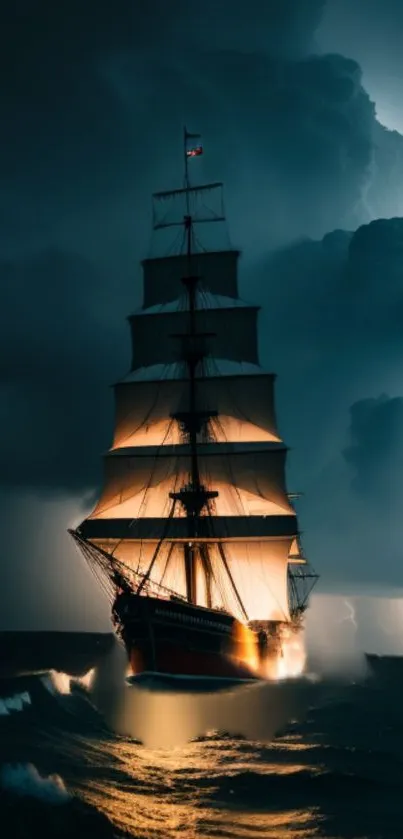 A majestic ship sails through stormy seas with dramatic lighting.