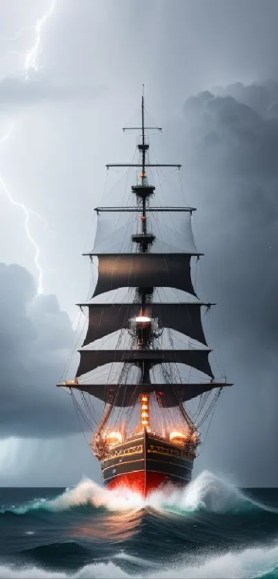 Ship sails through stormy seas with lightning illuminating the scene.