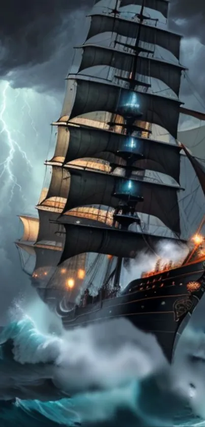 Majestic ship braving a storm with thunderous waves and lightning strikes.