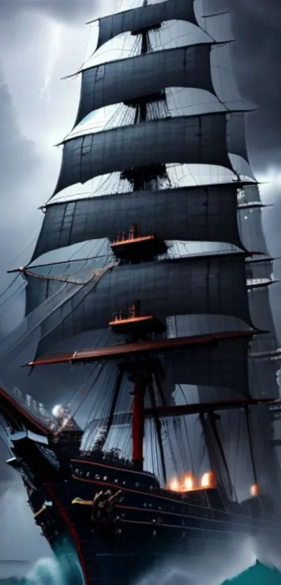 Majestic ship sails through stormy seas under dark clouds.