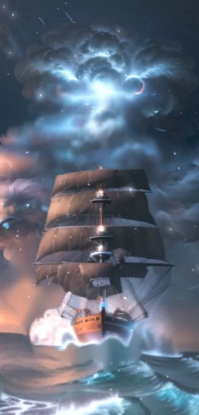 Majestic ship navigating a stormy, cosmic sea.