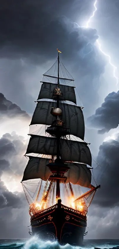 Majestic ship sails through stormy seas with lightning in the sky.