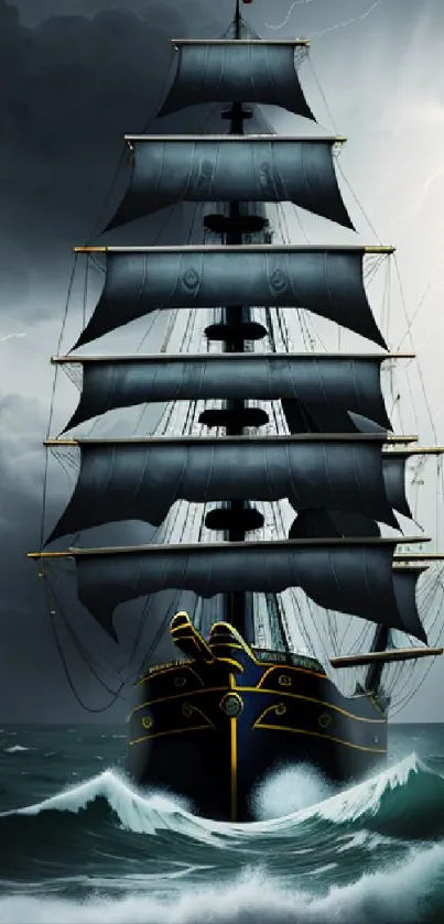 Majestic ship sailing through stormy seas with dramatic lightning in the background.