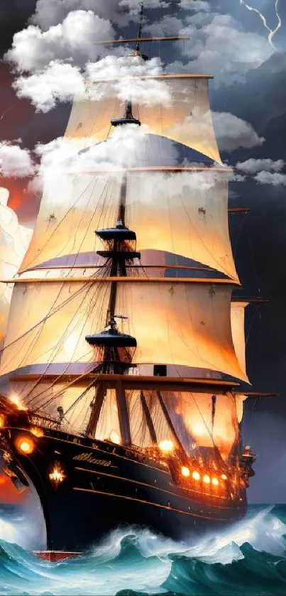 Majestic sailing ship amidst stormy seas and dramatic skies on mobile wallpaper.