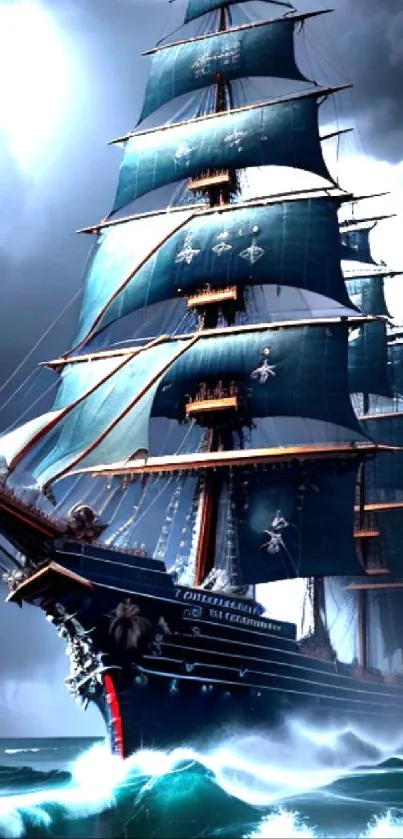 Majestic ship sails through stormy seas with dramatic waves and deep blue skies.