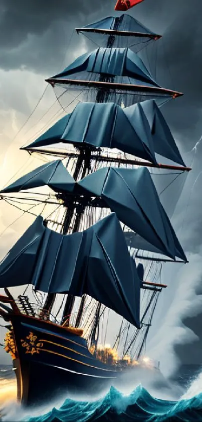 Majestic sailing ship navigating stormy seas under dark skies.