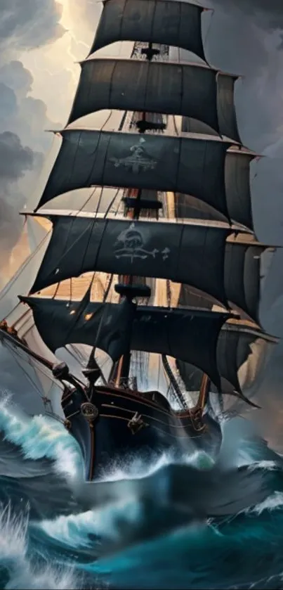 Majestic sailing ship braving stormy seas under dramatic skies.