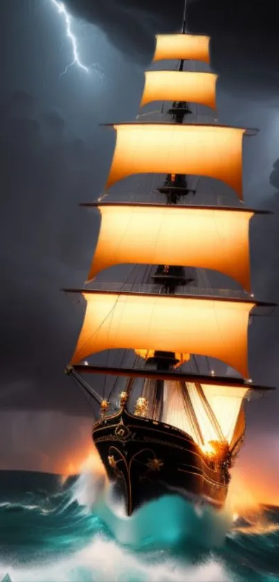 Majestic ship with glowing sails in a stormy ocean under dark skies.