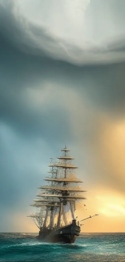 Tall ship braving stormy sea under a dramatic sunset sky.