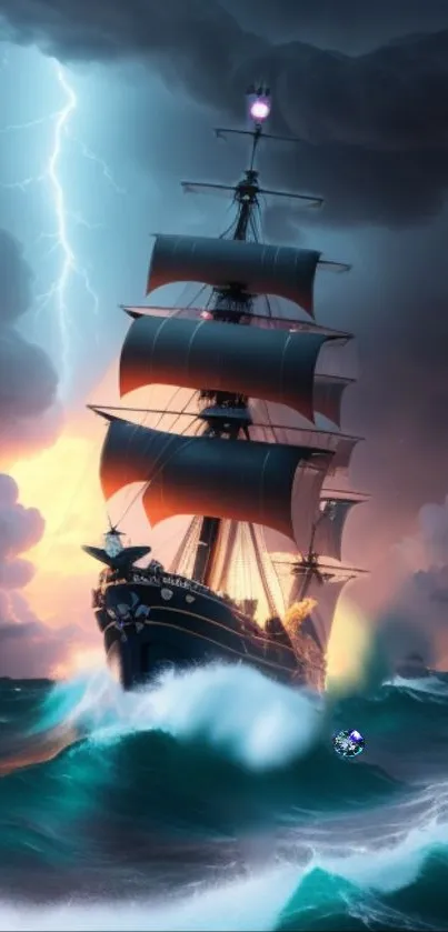 Majestic ship sails through stormy seas with dramatic lightning.