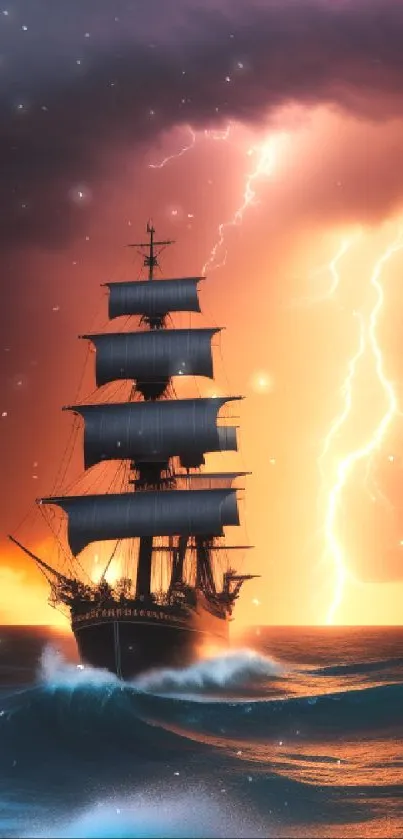 Tall ship navigating storm with vivid lightning above.