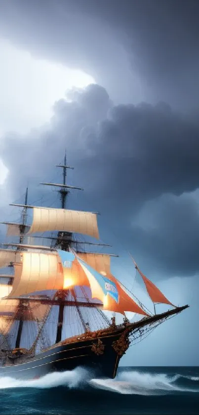 Majestic ship sails through a dark storm on the ocean.