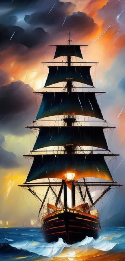 Majestic ship sails through stormy seas with dramatic sky.