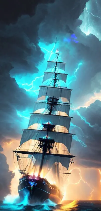 Majestic ship sailing through a storm with lightning and dark clouds.