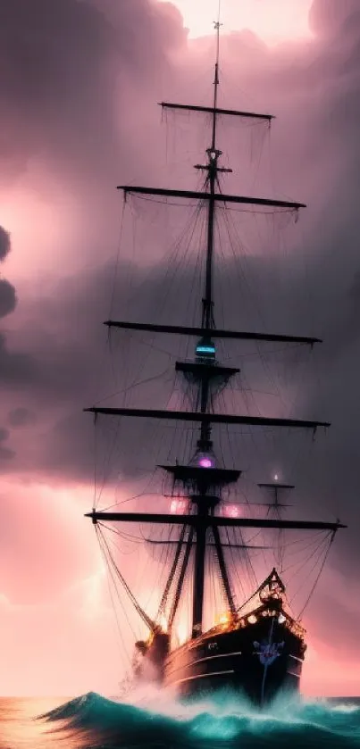 Majestic ship sailing in stormy ocean with dramatic skies.