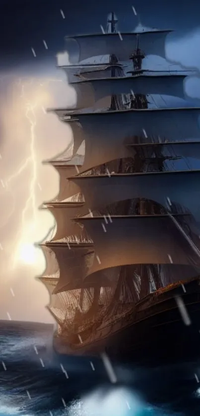 Majestic sailing ship in a stormy sea with dark clouds and lightning.