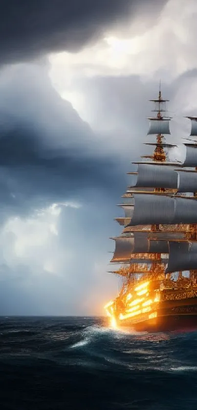 Majestic ship sailing through stormy seas under dramatic skies.