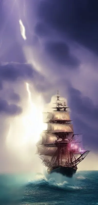 Majestic ship navigates through a stormy sea at night with intense purple skies.